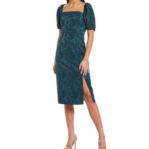 Gina marble textured jacquard square neck short puff sleeve side slit dress